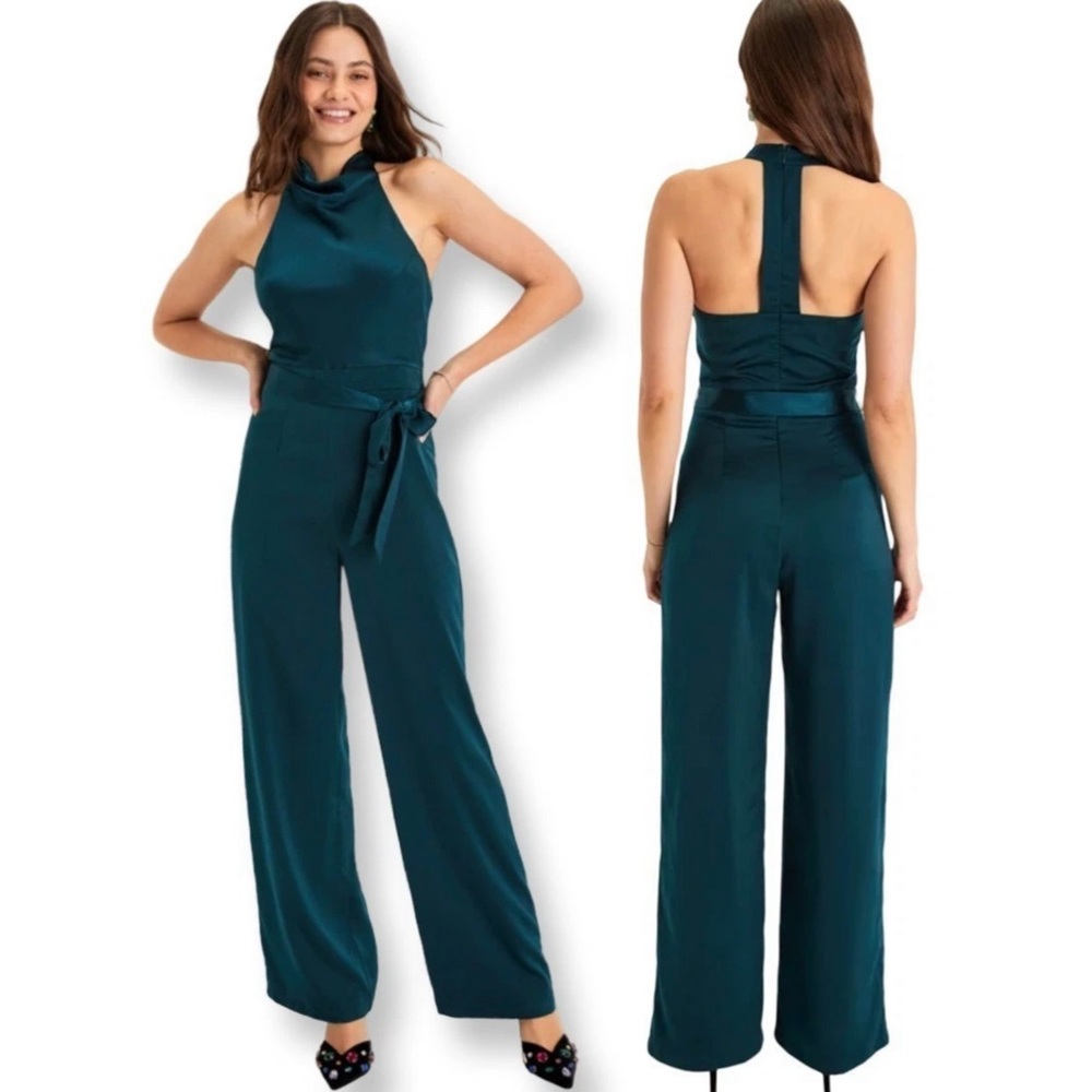 LULU’S Luxe Vision Dark Teal Satin Halter Wide-Leg Jumpsuit